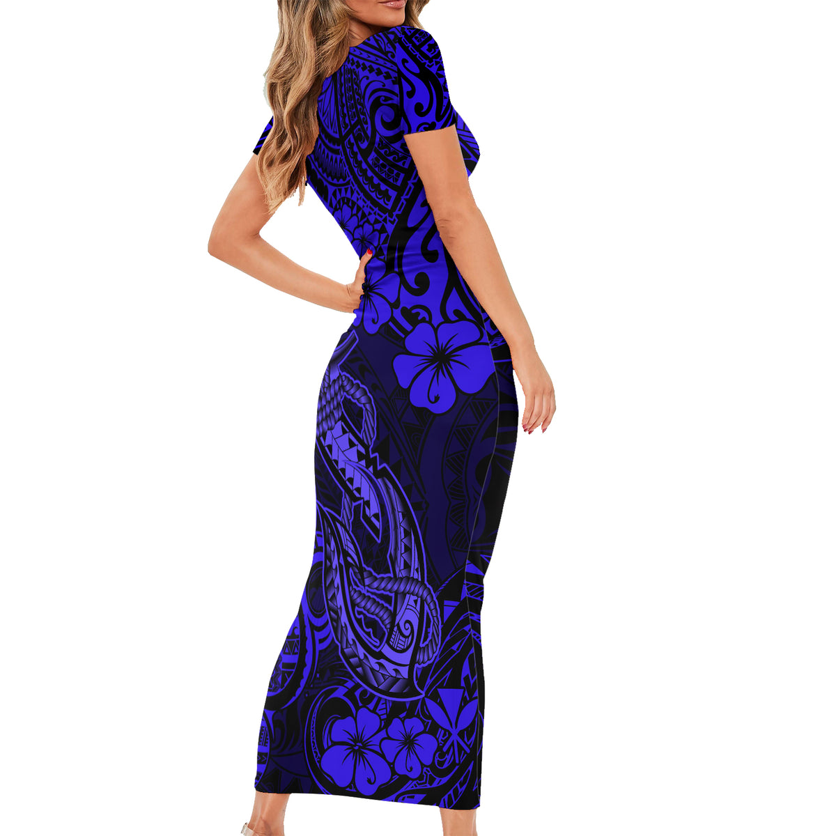 Hawaii Fish Hook Family Matching Short Sleeve Bodycon Dress and Hawaiian Shirt Polynesian Pattern Navy Blue Version LT01 - Polynesian Pride