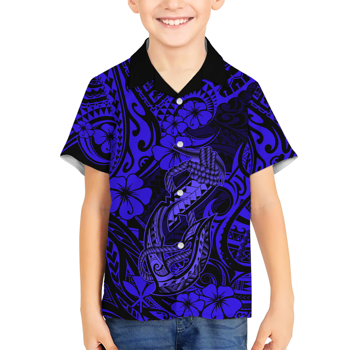 Hawaii Fish Hook Kid Hawaiian Shirt Polynesian Pattern Navy Blue Version LT01 Kid Blue - Polynesian Pride