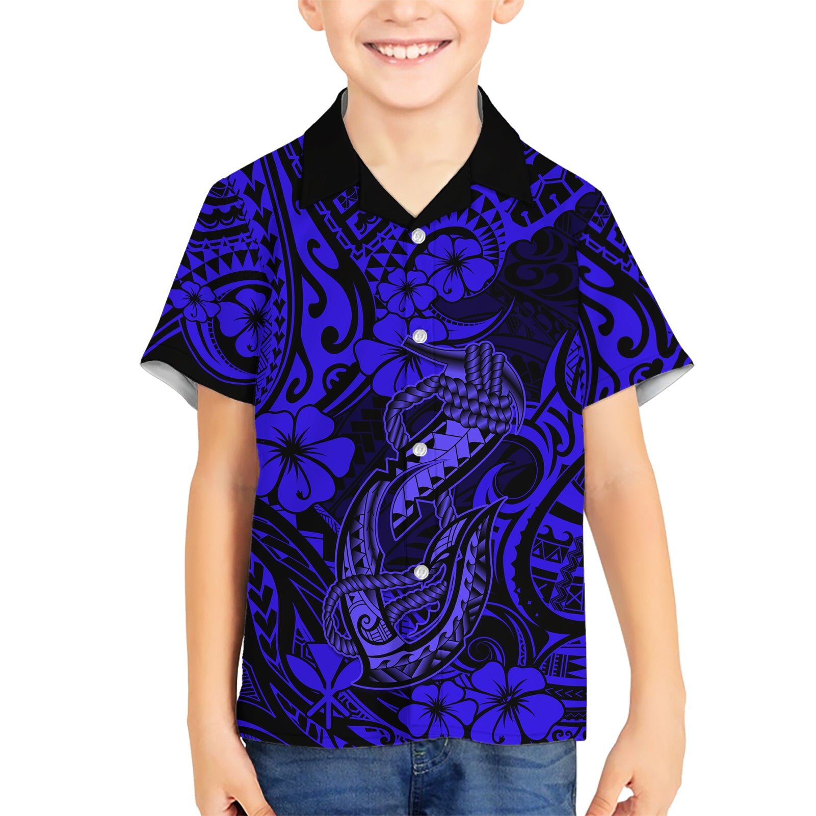 Hawaii Fish Hook Kid Hawaiian Shirt Polynesian Pattern Navy Blue Version LT01 Kid Blue - Polynesian Pride
