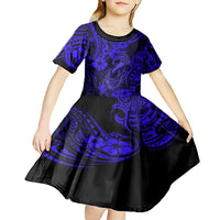 Hawaii Fish Hook Kid Short Sleeve Dress Polynesian Pattern Navy Blue Version LT01 - Polynesian Pride