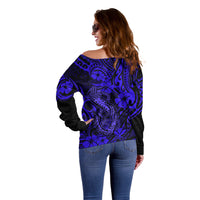 Hawaii Fish Hook Off Shoulder Sweater Polynesian Pattern Navy Blue Version LT01 - Polynesian Pride