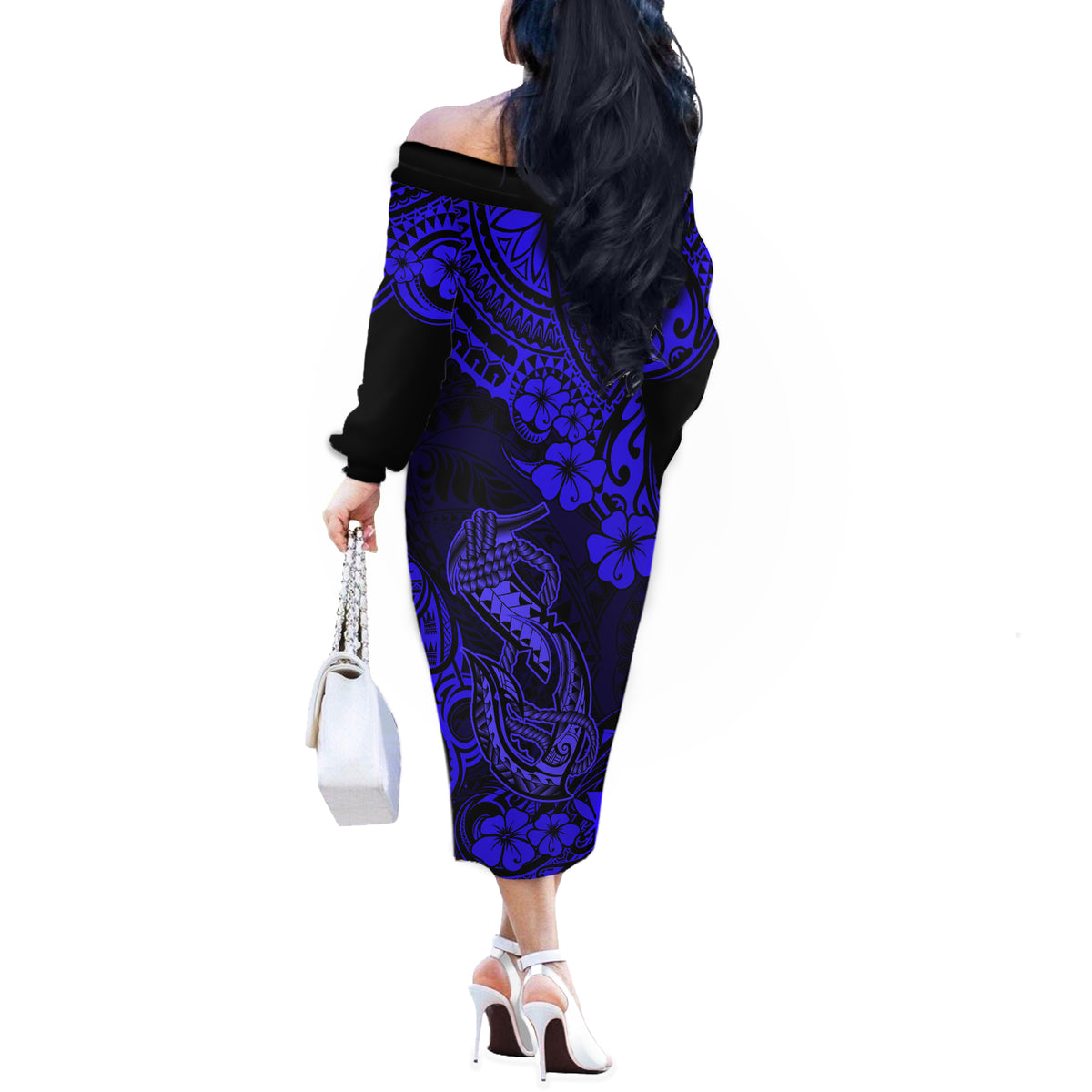 Hawaii Fish Hook Off The Shoulder Long Sleeve Dress Polynesian Pattern Navy Blue Version LT01 - Polynesian Pride