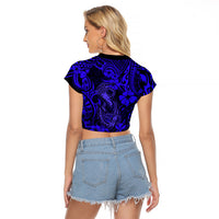 Hawaii Fish Hook Raglan Cropped T Shirt Polynesian Pattern Navy Blue Version LT01 - Polynesian Pride