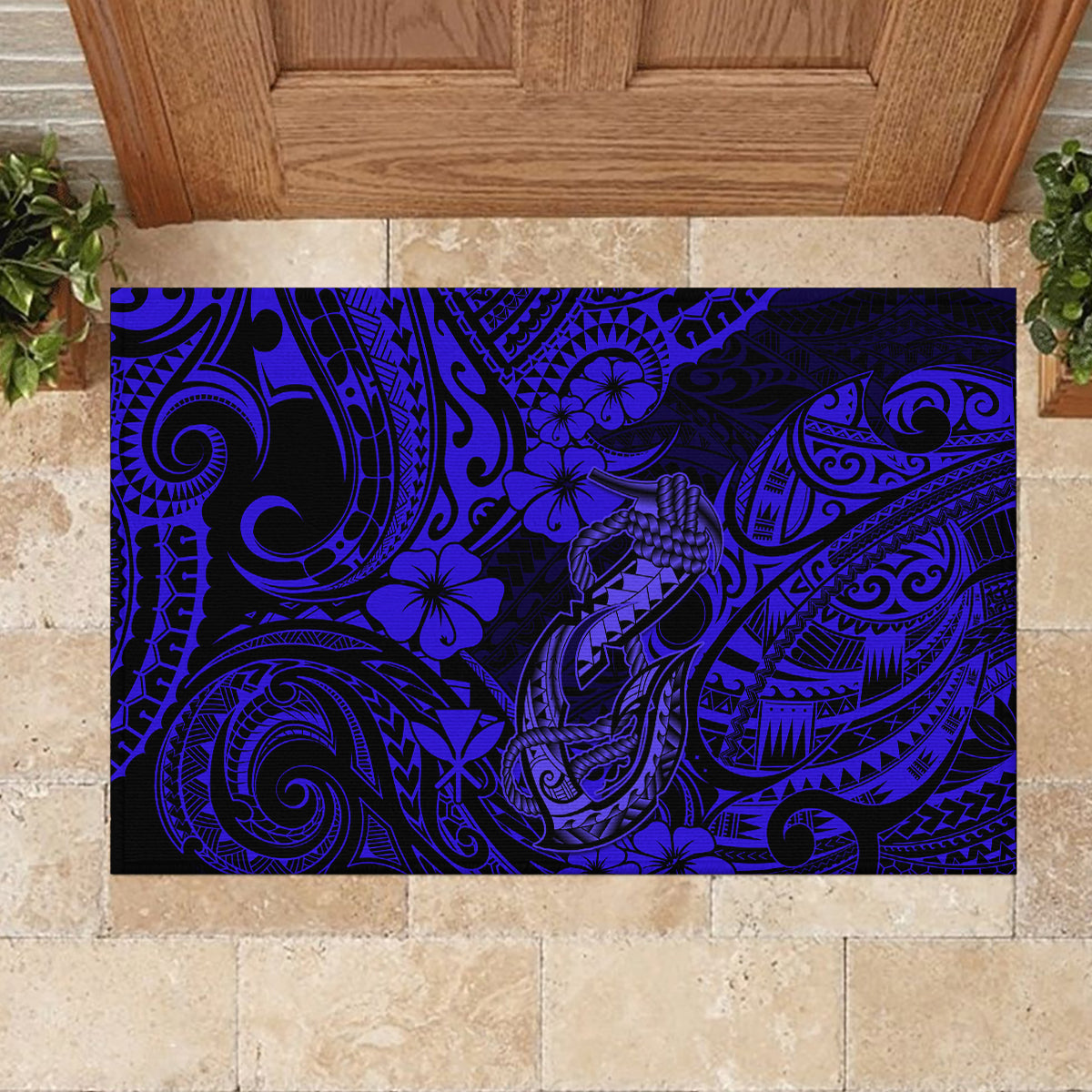 Hawaii Fish Hook Rubber Doormat Polynesian Pattern Navy Blue Version LT01 - Polynesian Pride