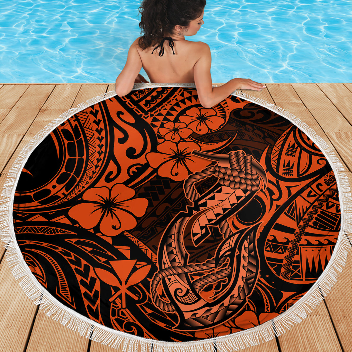 Hawaii Fish Hook Beach Blanket Polynesian Pattern Orange Version LT01