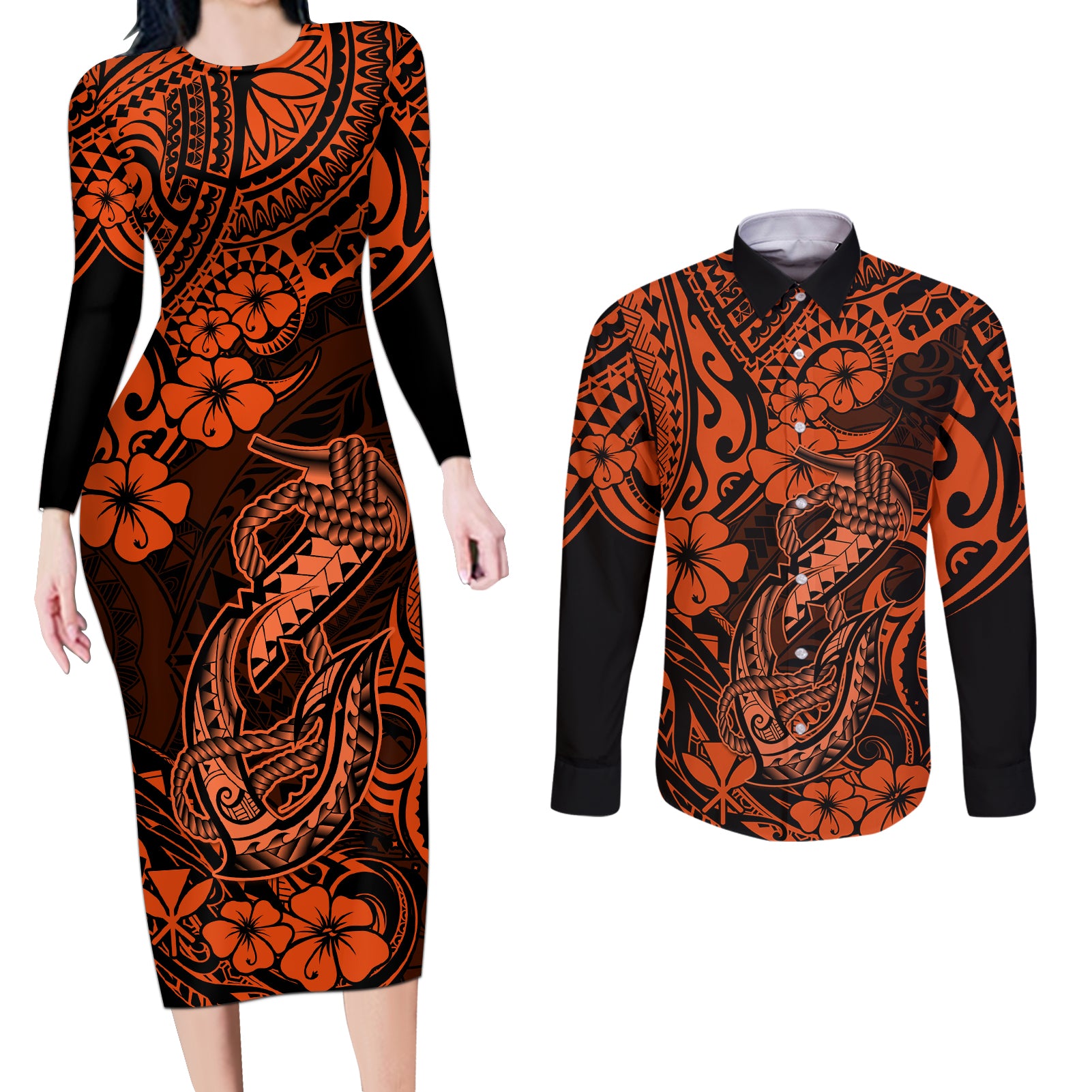 Hawaii Fish Hook Couples Matching Long Sleeve Bodycon Dress and Long Sleeve Button Shirts Polynesian Pattern Orange Version LT01 Orange - Polynesian Pride