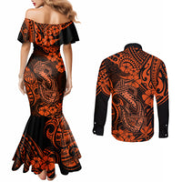 Hawaii Fish Hook Couples Matching Mermaid Dress and Long Sleeve Button Shirts Polynesian Pattern Orange Version LT01 - Polynesian Pride