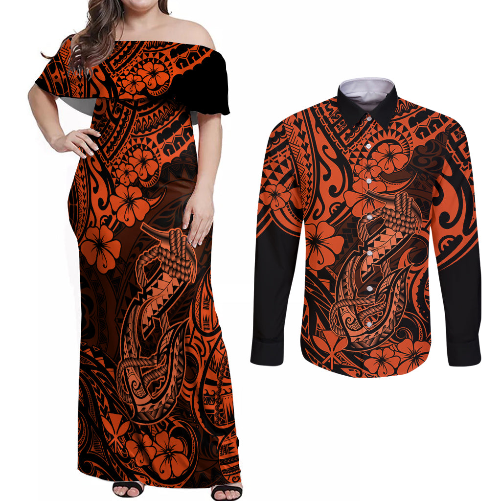 Hawaii Fish Hook Couples Matching Off Shoulder Maxi Dress and Long Sleeve Button Shirts Polynesian Pattern Orange Version LT01 Orange - Polynesian Pride