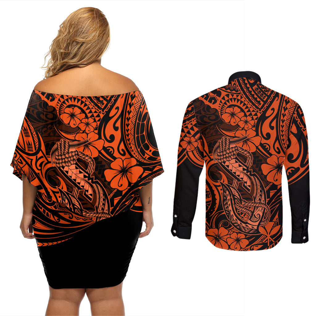 Hawaii Fish Hook Couples Matching Off Shoulder Short Dress and Long Sleeve Button Shirts Polynesian Pattern Orange Version LT01 - Polynesian Pride