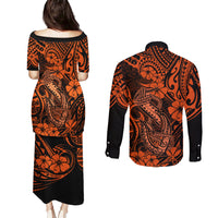 Hawaii Fish Hook Couples Matching Puletasi Dress and Long Sleeve Button Shirts Polynesian Pattern Orange Version LT01 - Polynesian Pride