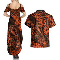 Hawaii Fish Hook Couples Matching Summer Maxi Dress and Hawaiian Shirt Polynesian Pattern Orange Version LT01 - Polynesian Pride