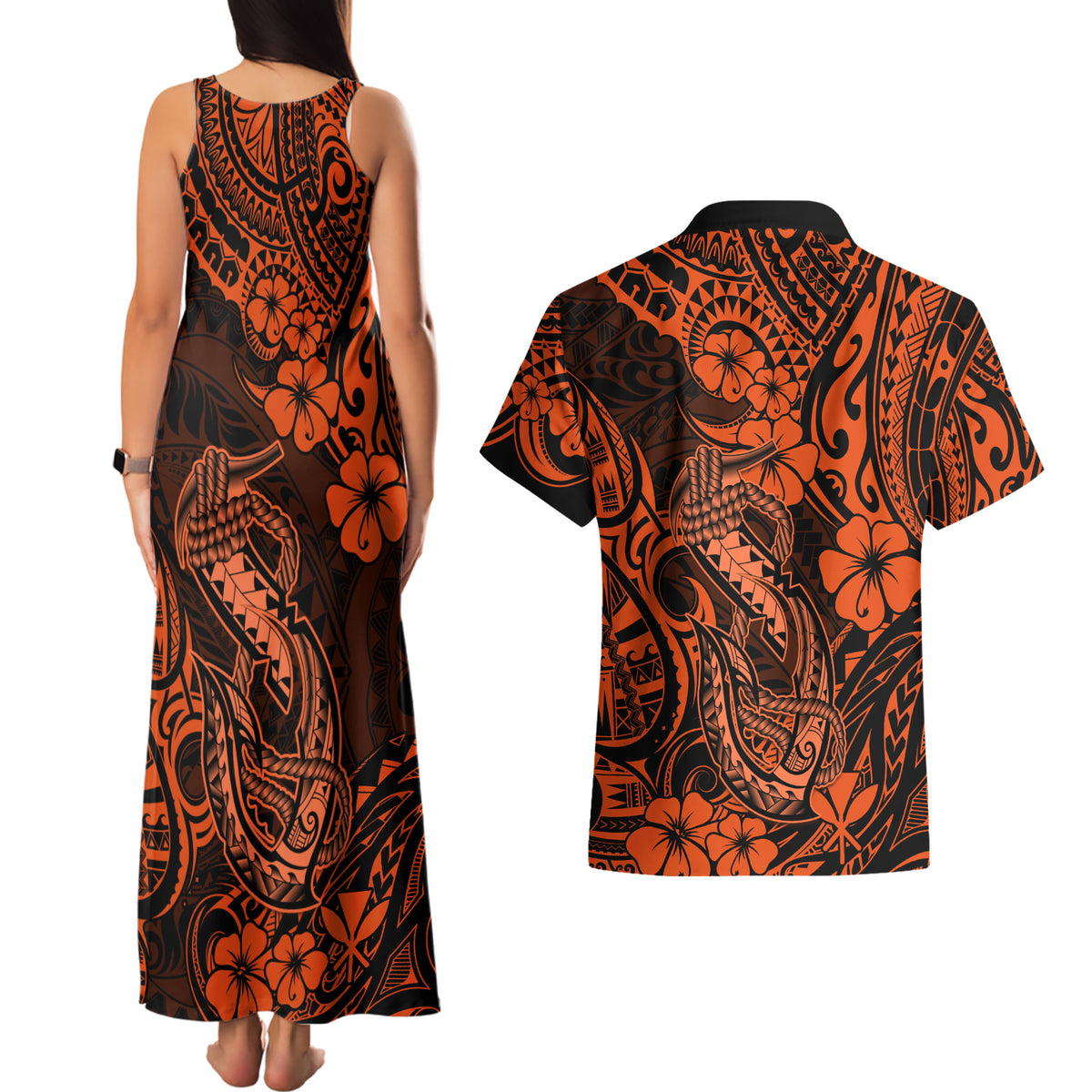 Hawaii Fish Hook Couples Matching Tank Maxi Dress and Hawaiian Shirt Polynesian Pattern Orange Version LT01 - Polynesian Pride
