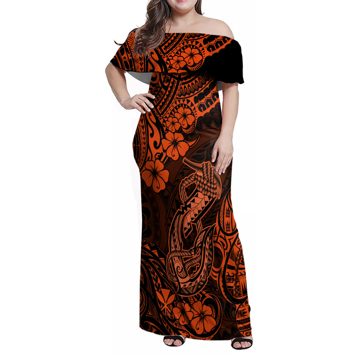 Hawaii Fish Hook Family Matching Off Shoulder Maxi Dress and Hawaiian Shirt Polynesian Pattern Orange Version LT01 Mom's Dress Orange - Polynesian Pride