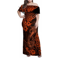Hawaii Fish Hook Family Matching Off Shoulder Maxi Dress and Hawaiian Shirt Polynesian Pattern Orange Version LT01 Mom's Dress Orange - Polynesian Pride