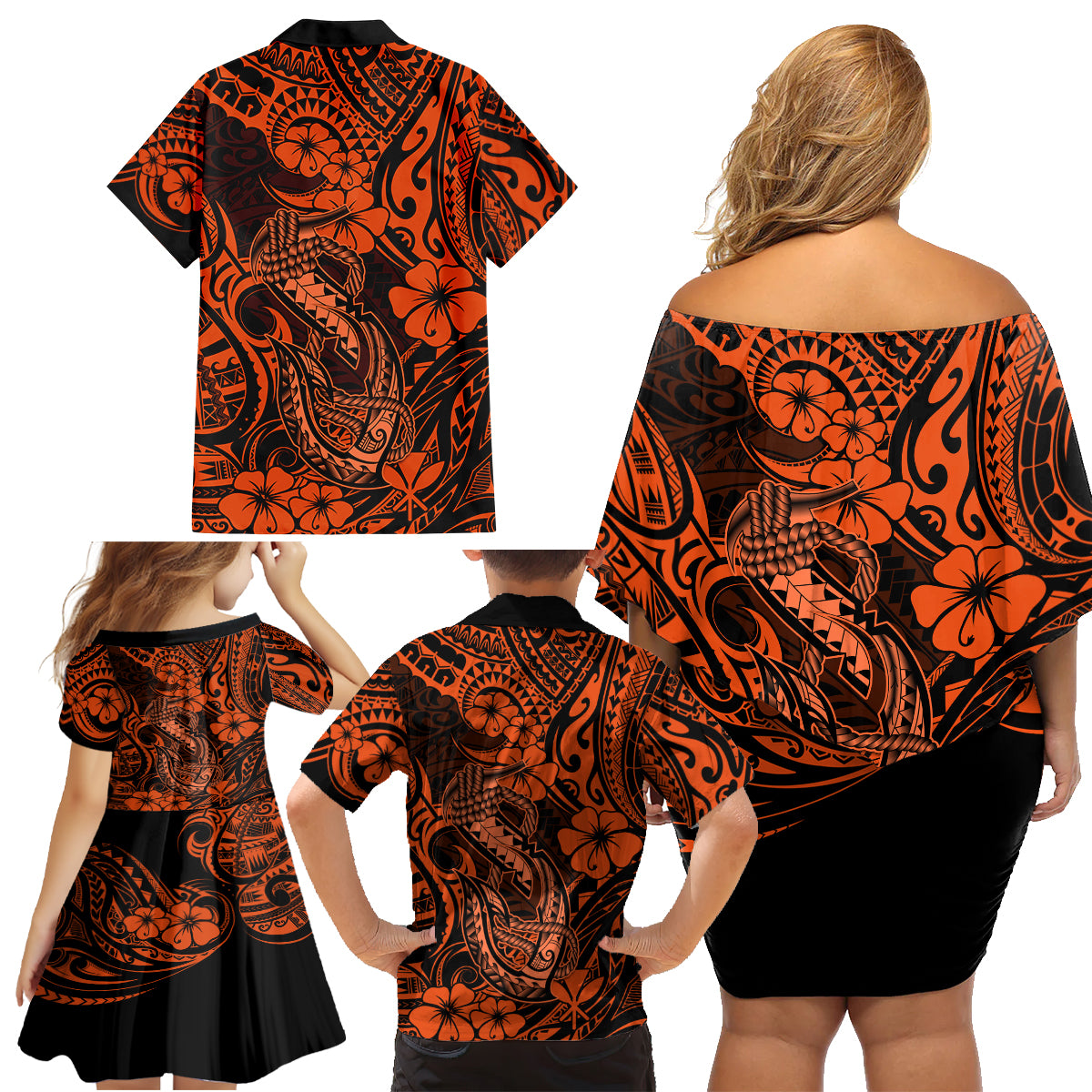 Hawaii Fish Hook Family Matching Off Shoulder Short Dress and Hawaiian Shirt Polynesian Pattern Orange Version LT01 - Polynesian Pride