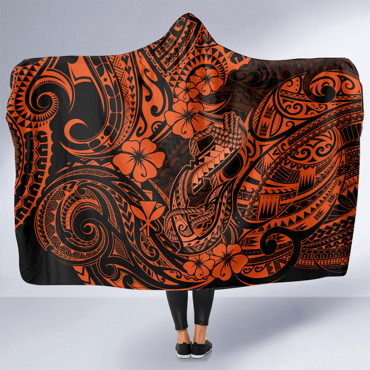 Hawaii Fish Hook Hooded Blanket Polynesian Pattern Orange Version LT01