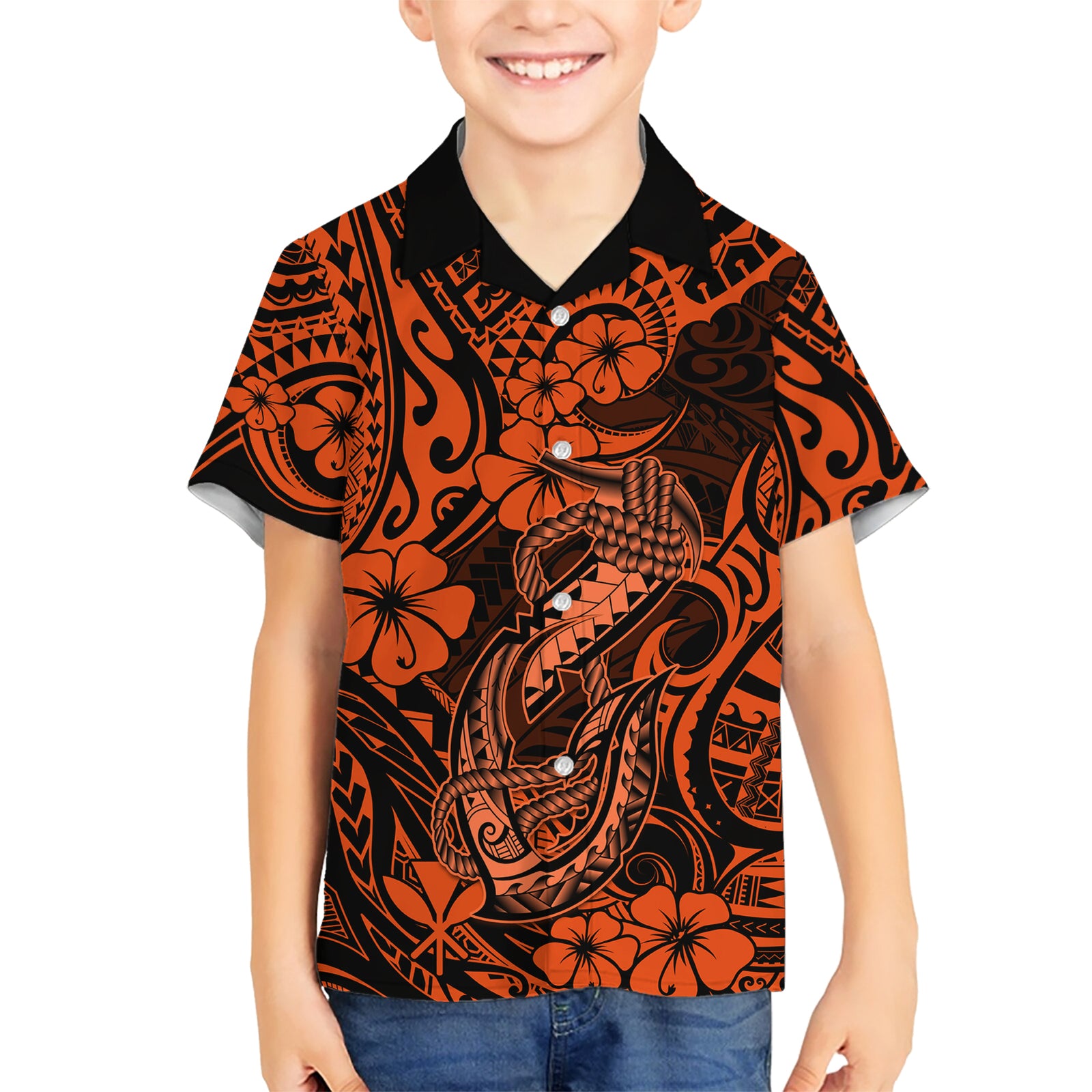 Hawaii Fish Hook Kid Hawaiian Shirt Polynesian Pattern Orange Version LT01 Kid Orange - Polynesian Pride