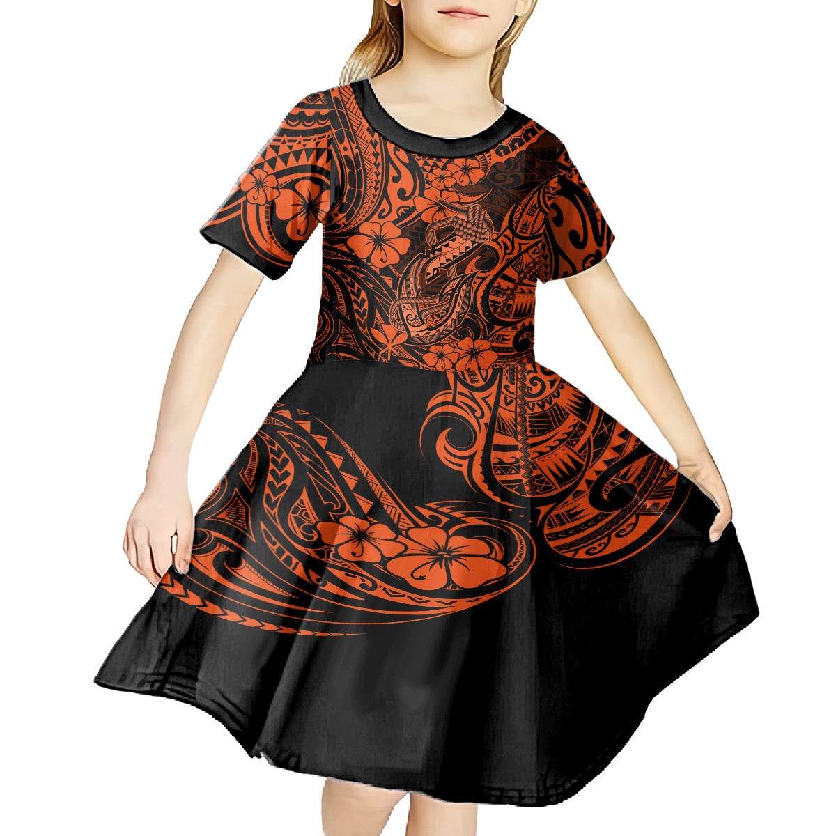 Hawaii Fish Hook Kid Short Sleeve Dress Polynesian Pattern Orange Version LT01 - Polynesian Pride