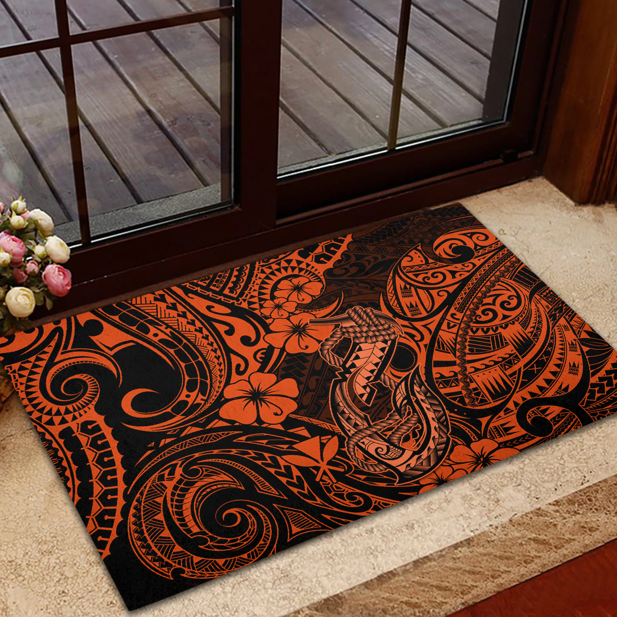 Hawaii Fish Hook Rubber Doormat Polynesian Pattern Orange Version LT01
