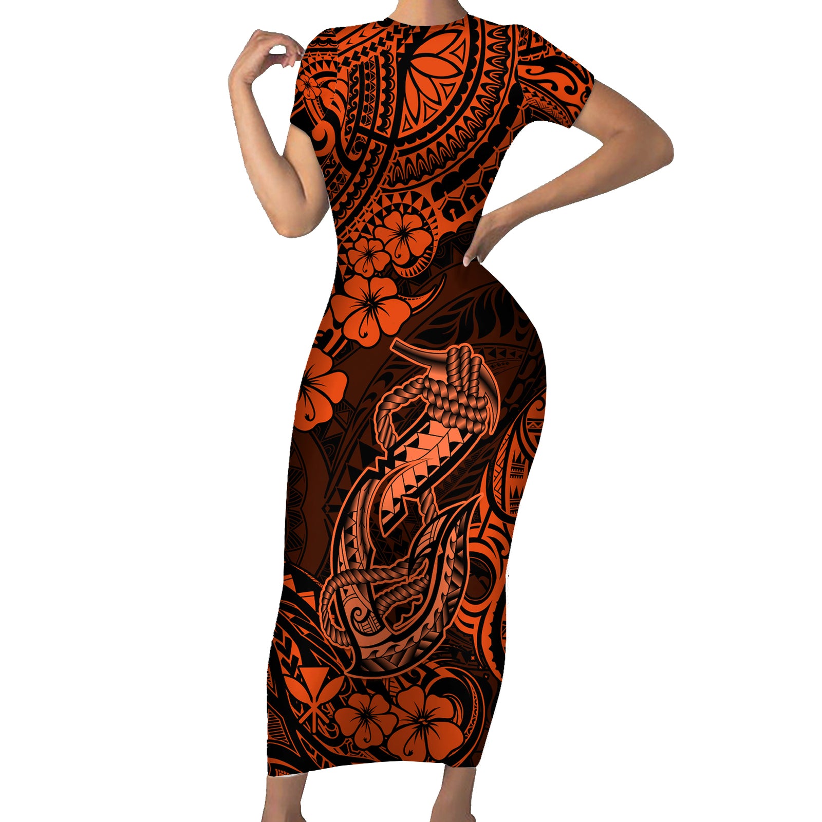 Hawaii Fish Hook Short Sleeve Bodycon Dress Polynesian Pattern Orange Version LT01 Long Dress Orange - Polynesian Pride