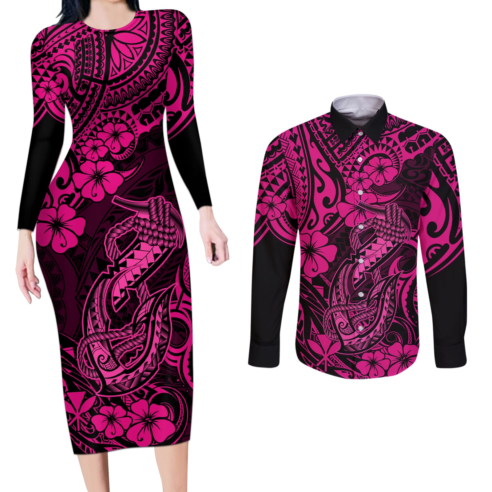 Hawaii Fish Hook Couples Matching Long Sleeve Bodycon Dress and Long Sleeve Button Shirts Hibiscus Hawaii Tribal Tattoo Pink Version LT01 Pink - Polynesian Pride