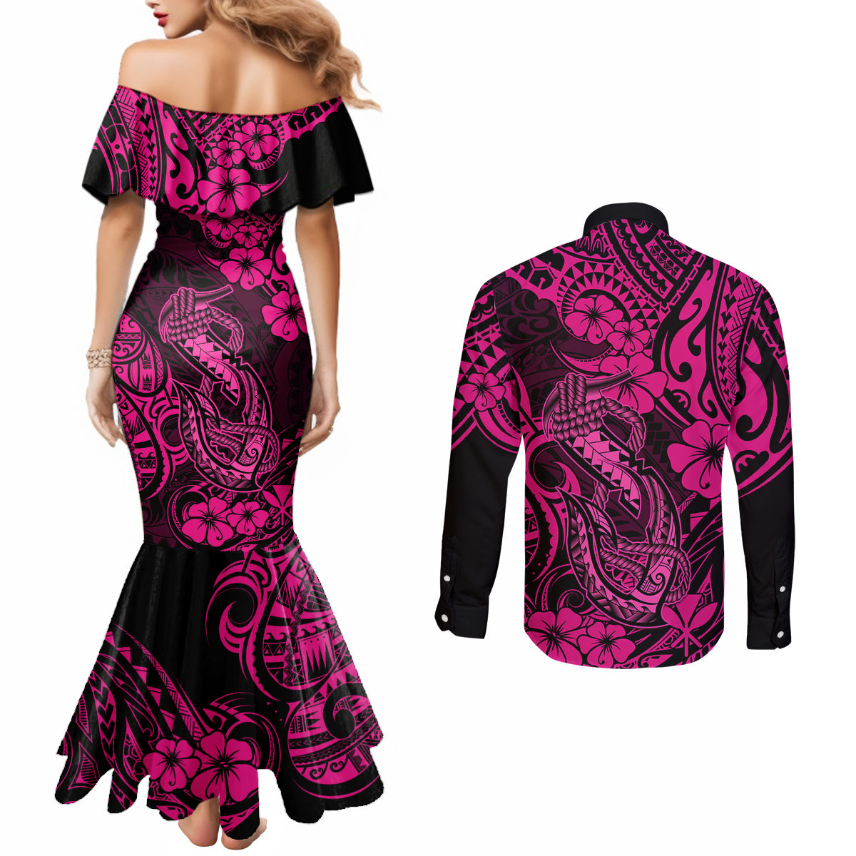 Hawaii Fish Hook Couples Matching Mermaid Dress and Long Sleeve Button Shirts Hibiscus Hawaii Tribal Tattoo Pink Version LT01 - Polynesian Pride