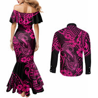Hawaii Fish Hook Couples Matching Mermaid Dress and Long Sleeve Button Shirts Hibiscus Hawaii Tribal Tattoo Pink Version LT01 - Polynesian Pride