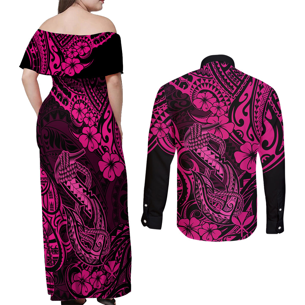 Hawaii Fish Hook Couples Matching Off Shoulder Maxi Dress and Long Sleeve Button Shirts Hibiscus Hawaii Tribal Tattoo Pink Version LT01 - Polynesian Pride