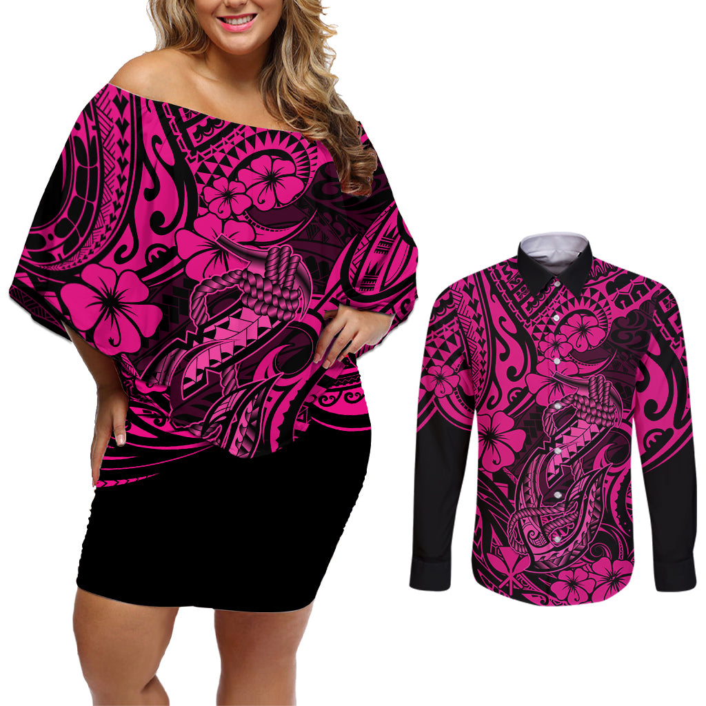 Hawaii Fish Hook Couples Matching Off Shoulder Short Dress and Long Sleeve Button Shirts Hibiscus Hawaii Tribal Tattoo Pink Version LT01 Pink - Polynesian Pride
