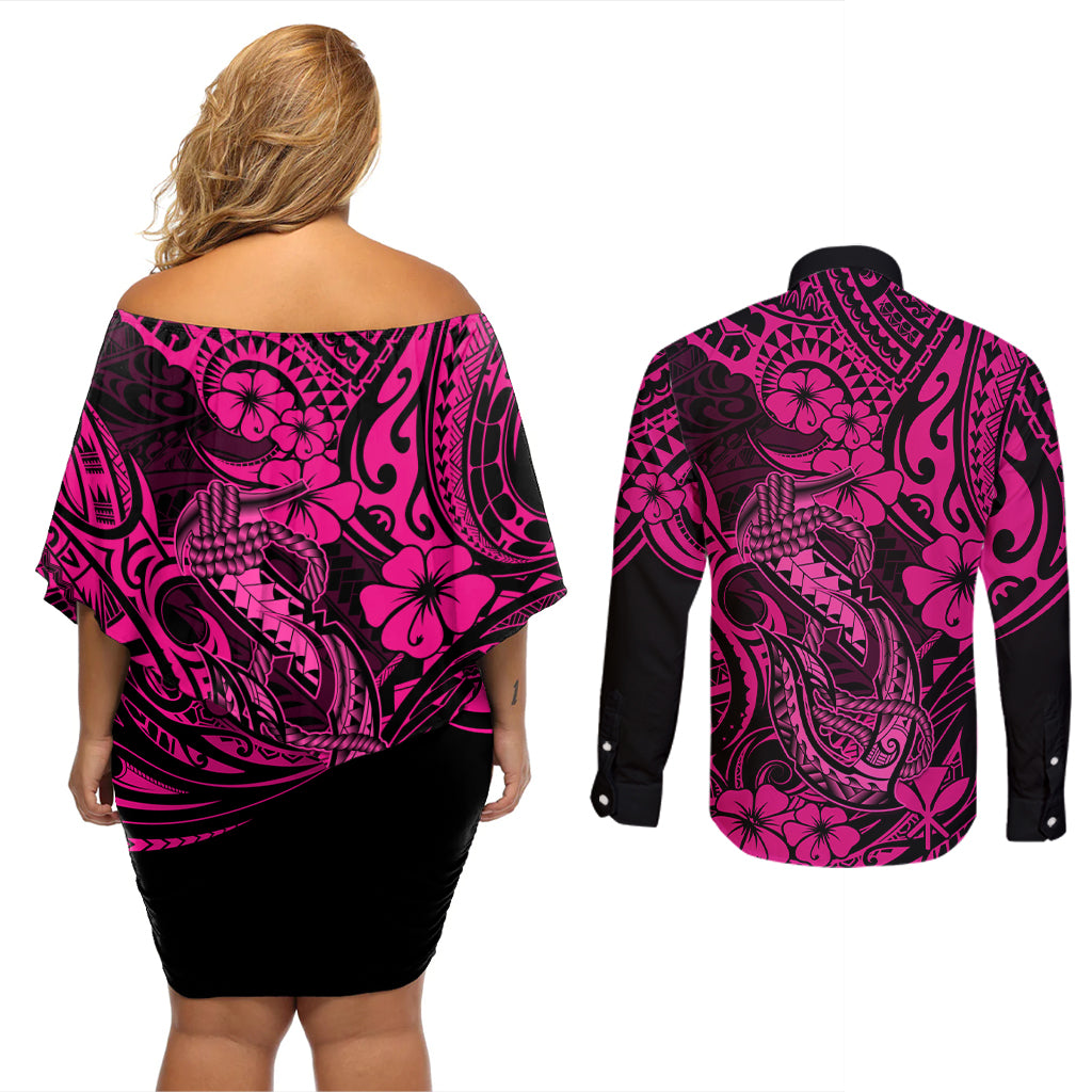 Hawaii Fish Hook Couples Matching Off Shoulder Short Dress and Long Sleeve Button Shirts Hibiscus Hawaii Tribal Tattoo Pink Version LT01 - Polynesian Pride