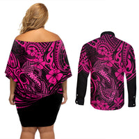 Hawaii Fish Hook Couples Matching Off Shoulder Short Dress and Long Sleeve Button Shirts Hibiscus Hawaii Tribal Tattoo Pink Version LT01 - Polynesian Pride