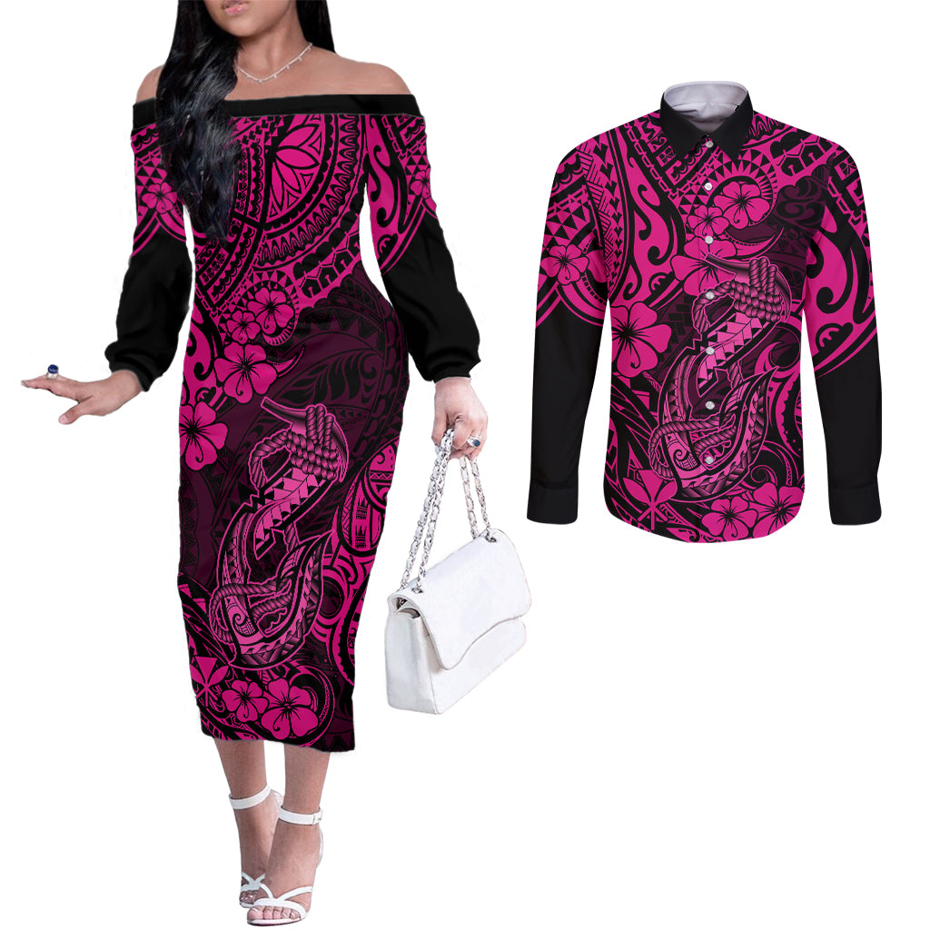 Hawaii Fish Hook Couples Matching Off The Shoulder Long Sleeve Dress and Long Sleeve Button Shirts Hibiscus Hawaii Tribal Tattoo Pink Version LT01 Pink - Polynesian Pride