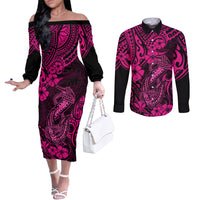 Hawaii Fish Hook Couples Matching Off The Shoulder Long Sleeve Dress and Long Sleeve Button Shirts Hibiscus Hawaii Tribal Tattoo Pink Version LT01 Pink - Polynesian Pride