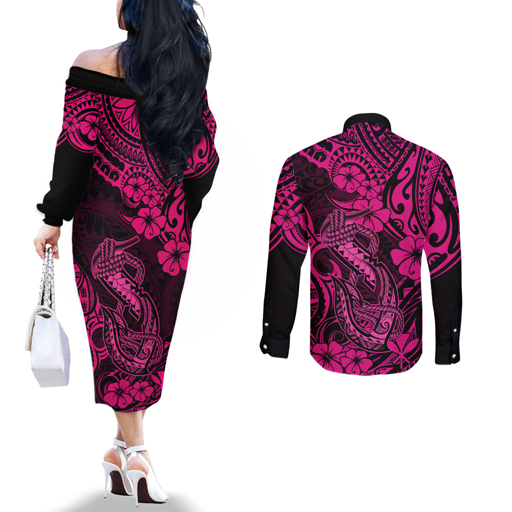 Hawaii Fish Hook Couples Matching Off The Shoulder Long Sleeve Dress and Long Sleeve Button Shirts Hibiscus Hawaii Tribal Tattoo Pink Version LT01 - Polynesian Pride