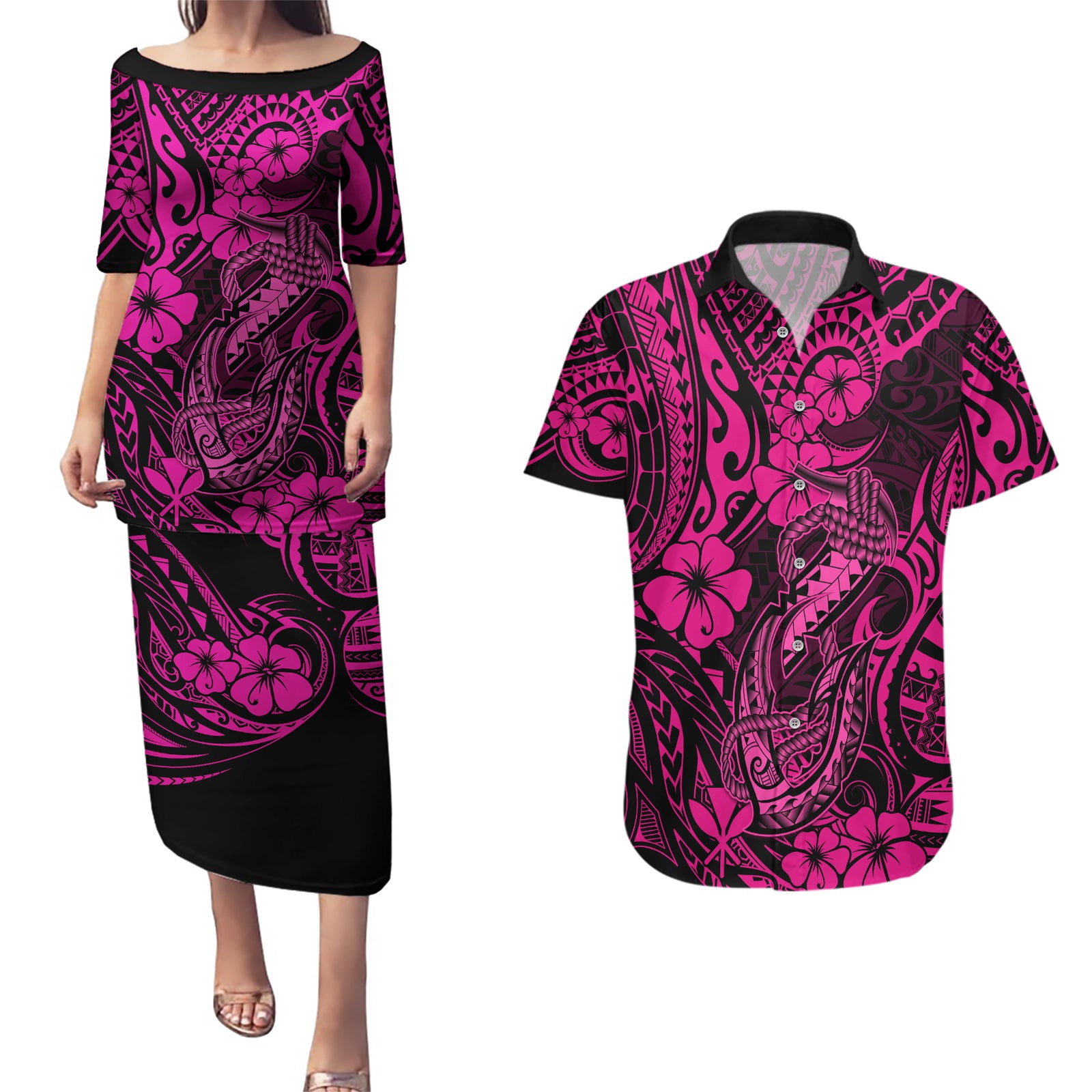 Hawaii Fish Hook Couples Matching Puletasi Dress and Hawaiian Shirt Hibiscus Hawaii Tribal Tattoo Pink Version LT01 Pink - Polynesian Pride