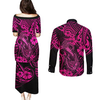 Hawaii Fish Hook Couples Matching Puletasi Dress and Long Sleeve Button Shirts Hibiscus Hawaii Tribal Tattoo Pink Version LT01 - Polynesian Pride