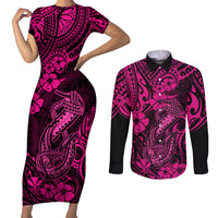 Hawaii Fish Hook Couples Matching Short Sleeve Bodycon Dress and Long Sleeve Button Shirts Hibiscus Hawaii Tribal Tattoo Pink Version LT01 Pink - Polynesian Pride