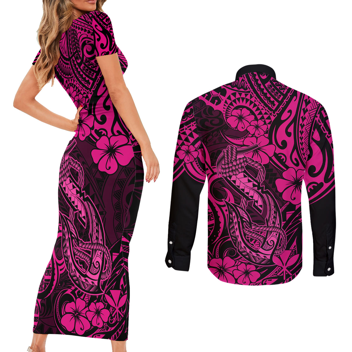 Hawaii Fish Hook Couples Matching Short Sleeve Bodycon Dress and Long Sleeve Button Shirts Hibiscus Hawaii Tribal Tattoo Pink Version LT01 - Polynesian Pride