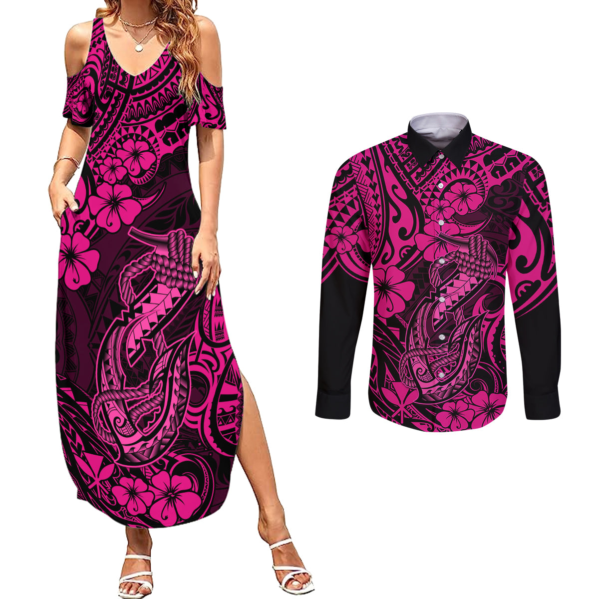 Hawaii Fish Hook Couples Matching Summer Maxi Dress and Long Sleeve Button Shirts Hibiscus Hawaii Tribal Tattoo Pink Version LT01 Pink - Polynesian Pride