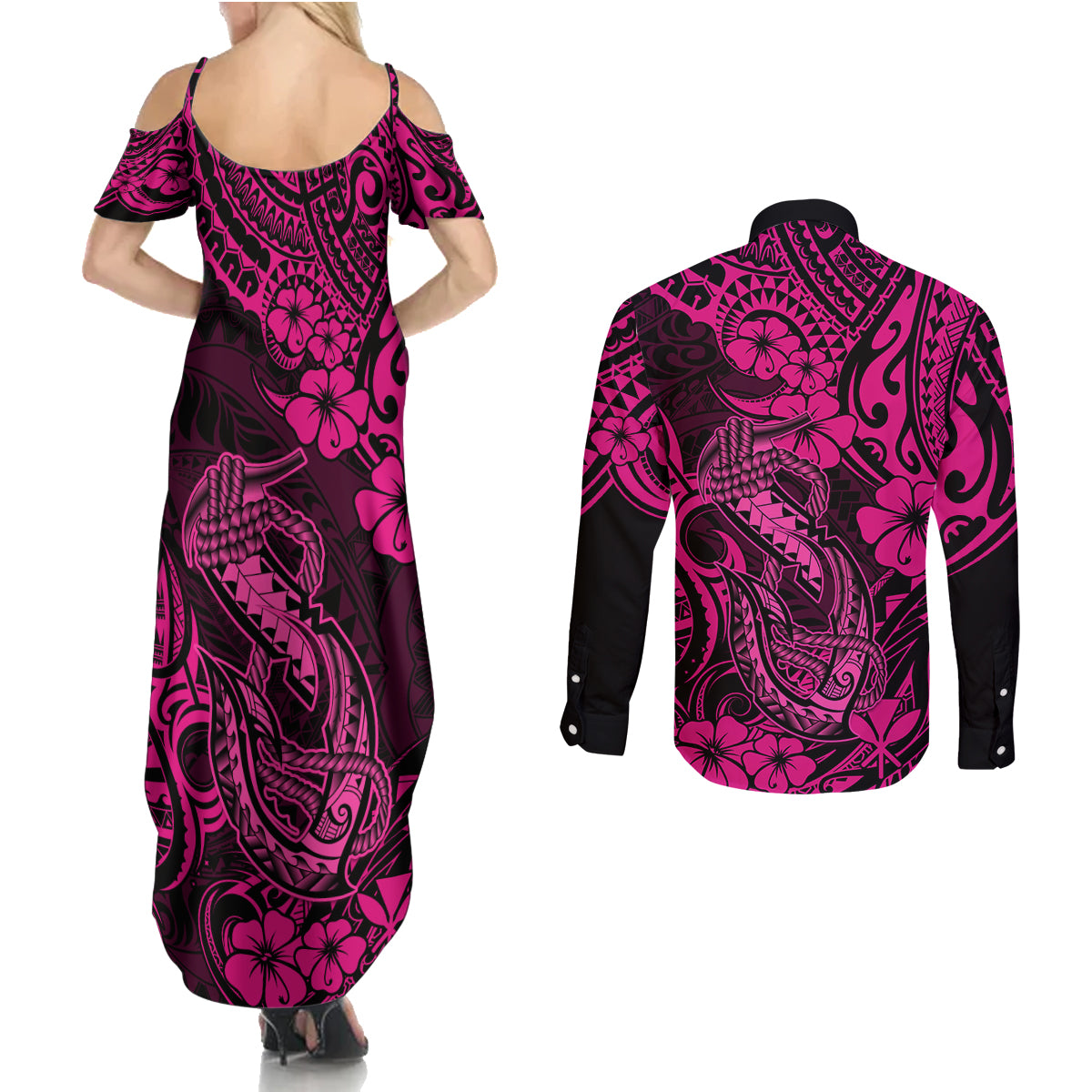 Hawaii Fish Hook Couples Matching Summer Maxi Dress and Long Sleeve Button Shirts Hibiscus Hawaii Tribal Tattoo Pink Version LT01 - Polynesian Pride