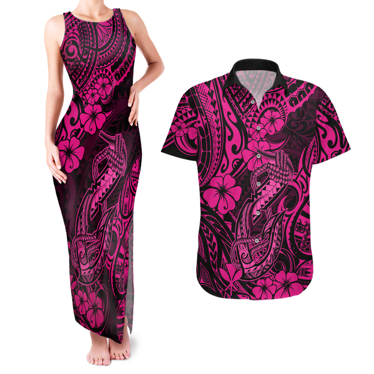Hawaii Fish Hook Couples Matching Tank Maxi Dress and Hawaiian Shirt Hibiscus Hawaii Tribal Tattoo Pink Version LT01 Pink - Polynesian Pride