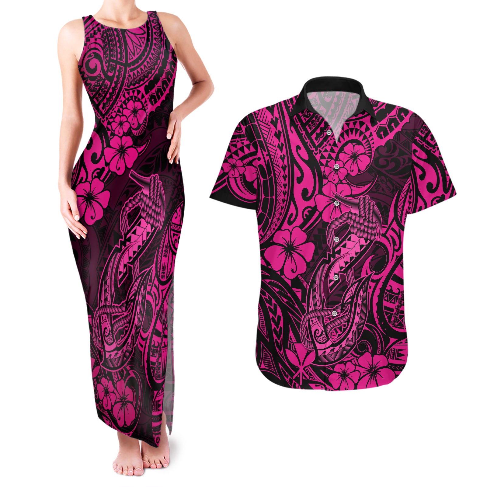 Hawaii Fish Hook Couples Matching Tank Maxi Dress and Hawaiian Shirt Hibiscus Hawaii Tribal Tattoo Pink Version LT01 Pink - Polynesian Pride