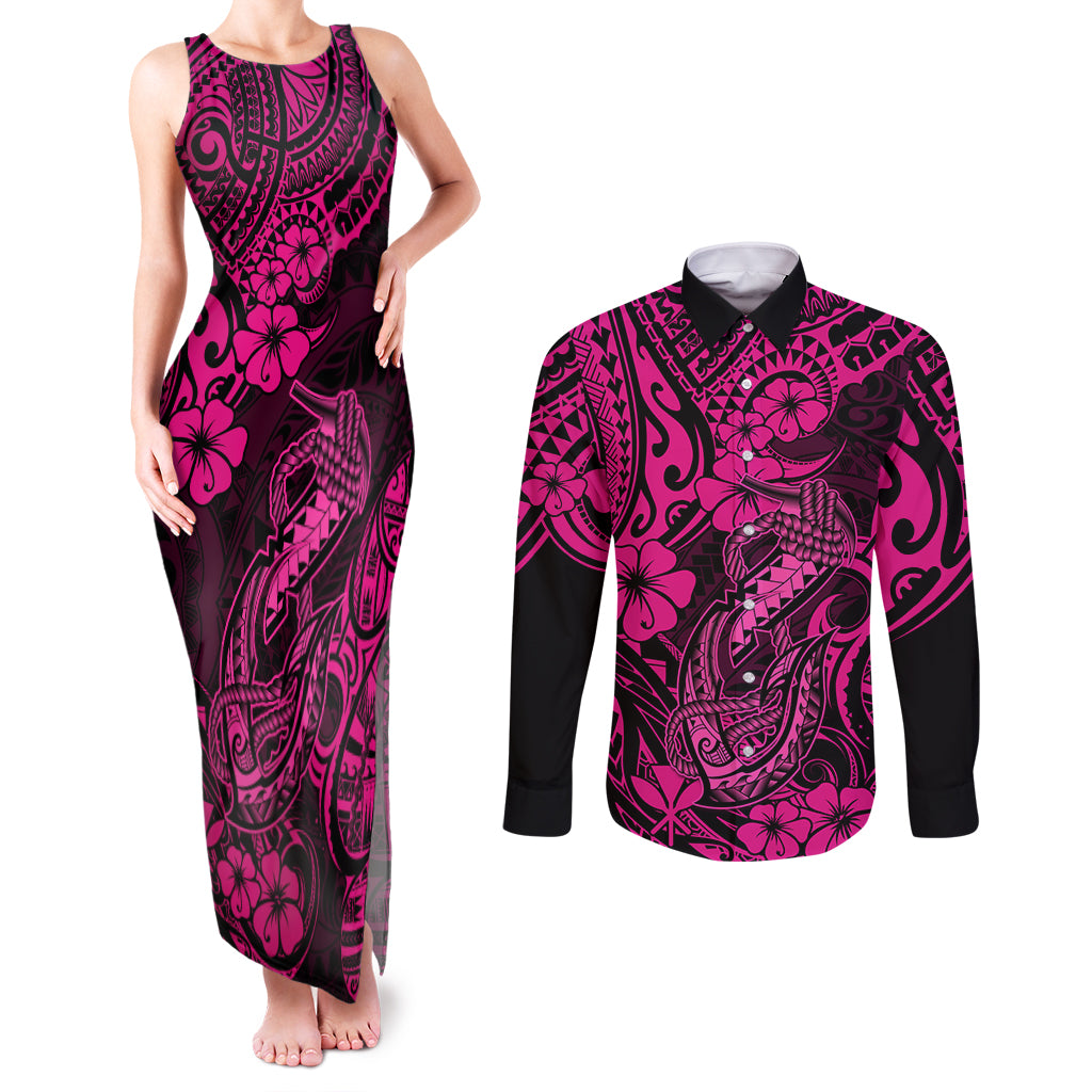Hawaii Fish Hook Couples Matching Tank Maxi Dress and Long Sleeve Button Shirts Hibiscus Hawaii Tribal Tattoo Pink Version LT01 Pink - Polynesian Pride