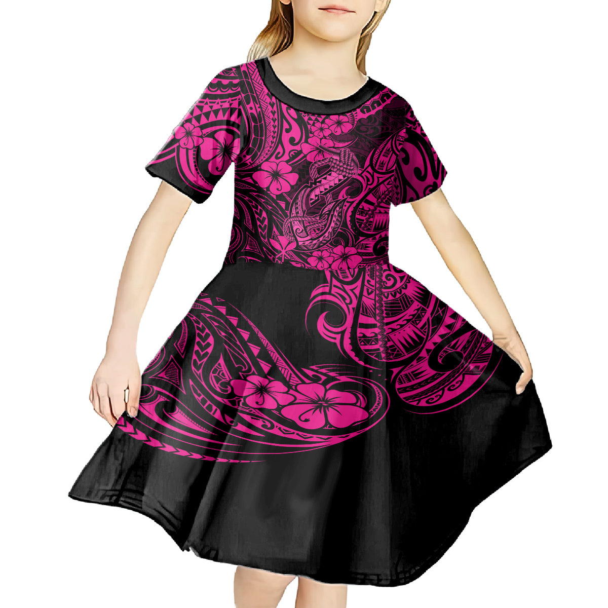 Hawaii Fish Hook Kid Short Sleeve Dress Hibiscus Hawaii Tribal Tattoo Pink Version LT01 - Polynesian Pride