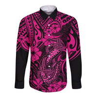 Hawaii Fish Hook Long Sleeve Button Shirt Hibiscus Hawaii Tribal Tattoo Pink Version LT01 Unisex Pink - Polynesian Pride