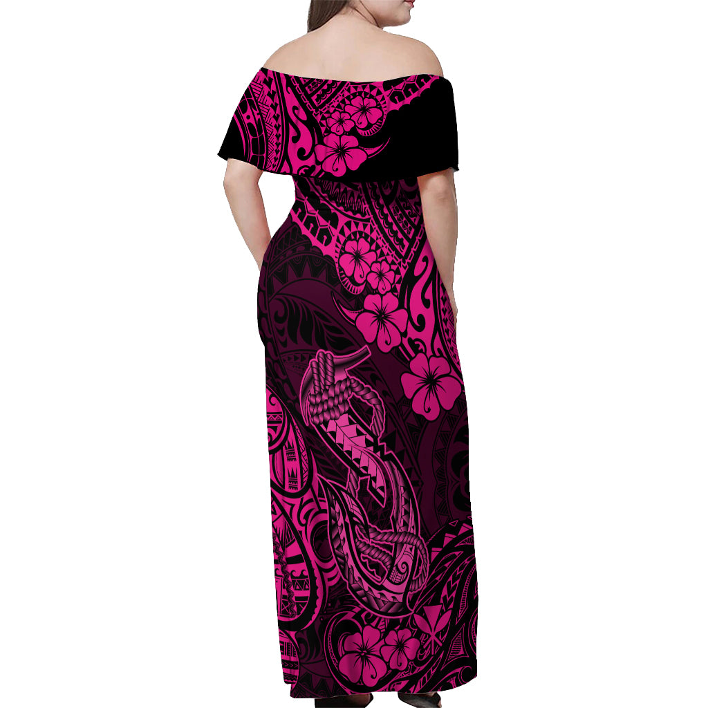 Hawaii Fish Hook Off Shoulder Maxi Dress Hibiscus Hawaii Tribal Tattoo Pink Version LT01 - Polynesian Pride