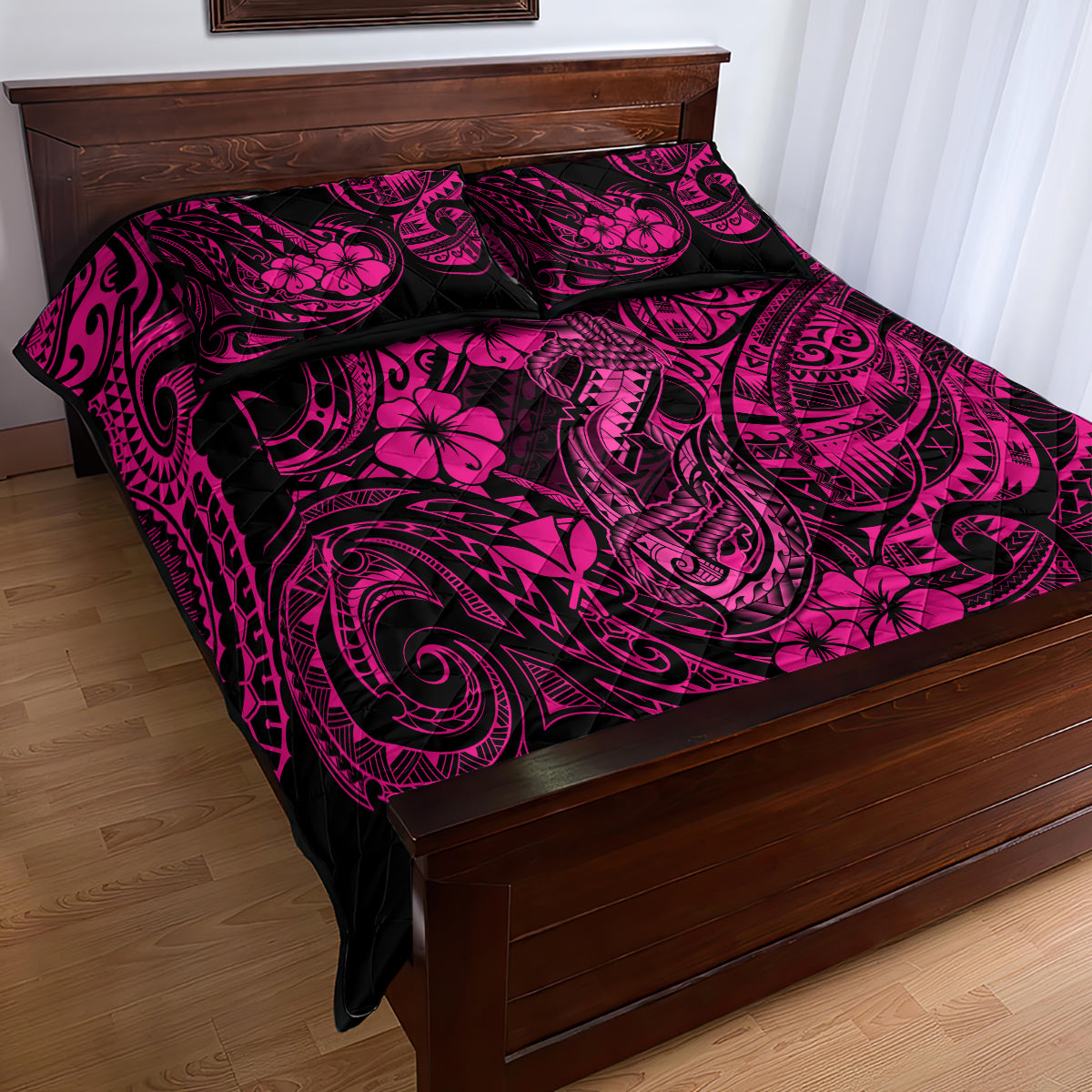 Hawaii Fish Hook Quilt Bed Set Hibiscus Hawaii Tribal Tattoo Pink Version LT01 - Polynesian Pride