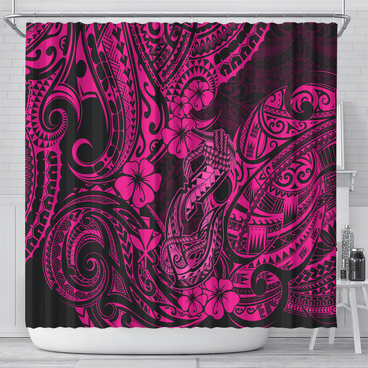 Hawaii Fish Hook Shower Curtain Hibiscus Hawaii Tribal Tattoo Pink Version LT01 - Polynesian Pride