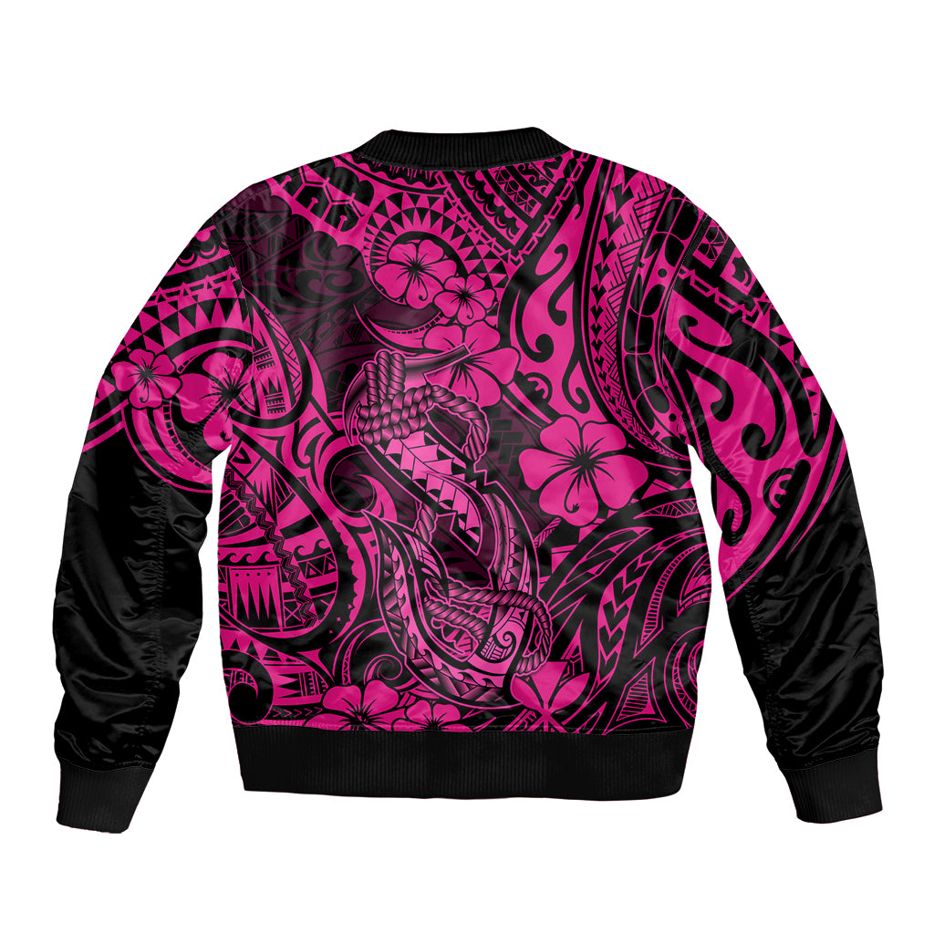 Hawaii Fish Hook Sleeve Zip Bomber Jacket Hibiscus Hawaii Tribal Tattoo Pink Version LT01 - Polynesian Pride