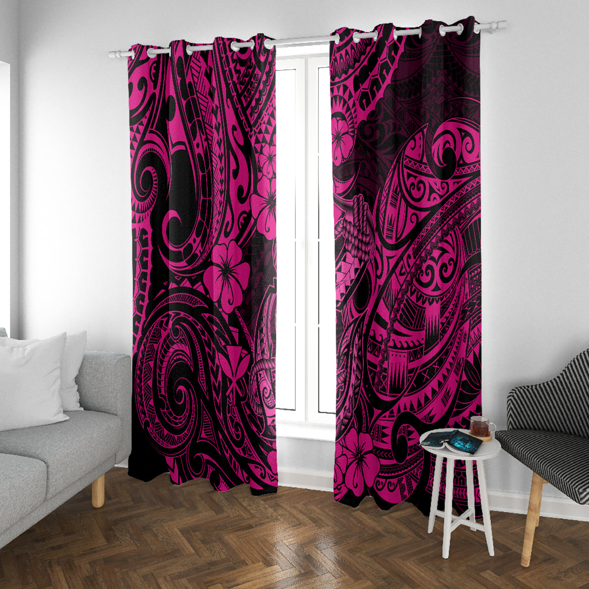 Hawaii Fish Hook Window Curtain Hibiscus Hawaii Tribal Tattoo Pink Version LT01 - Polynesian Pride